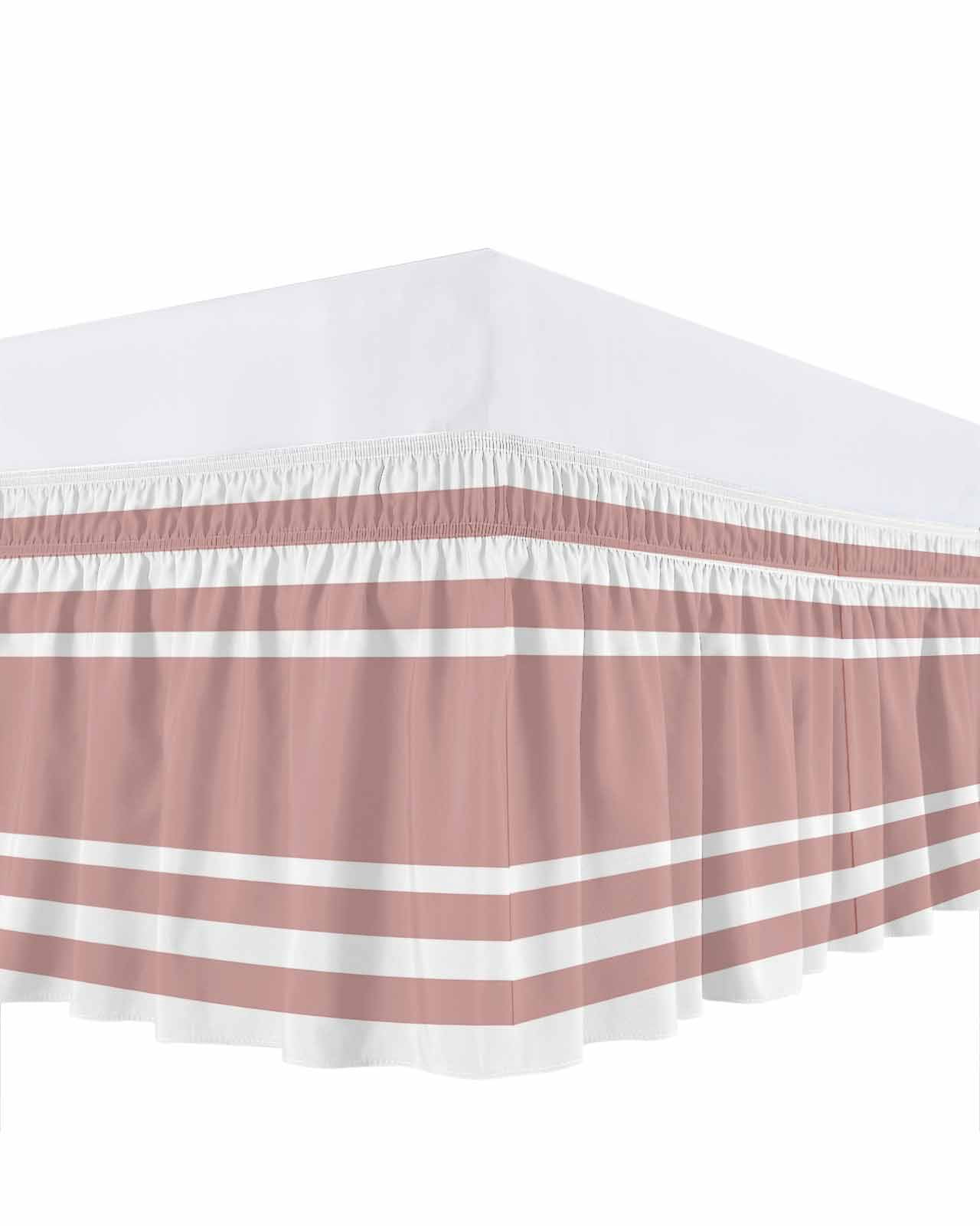 Pink Geometric Bed Skirt Queen Size 18 Inch Drop, Stripes Adjustable Elastic Dust Ruffles Bedskirt for Queen Bed Wrap Around Pleated Mattress Frame Cover