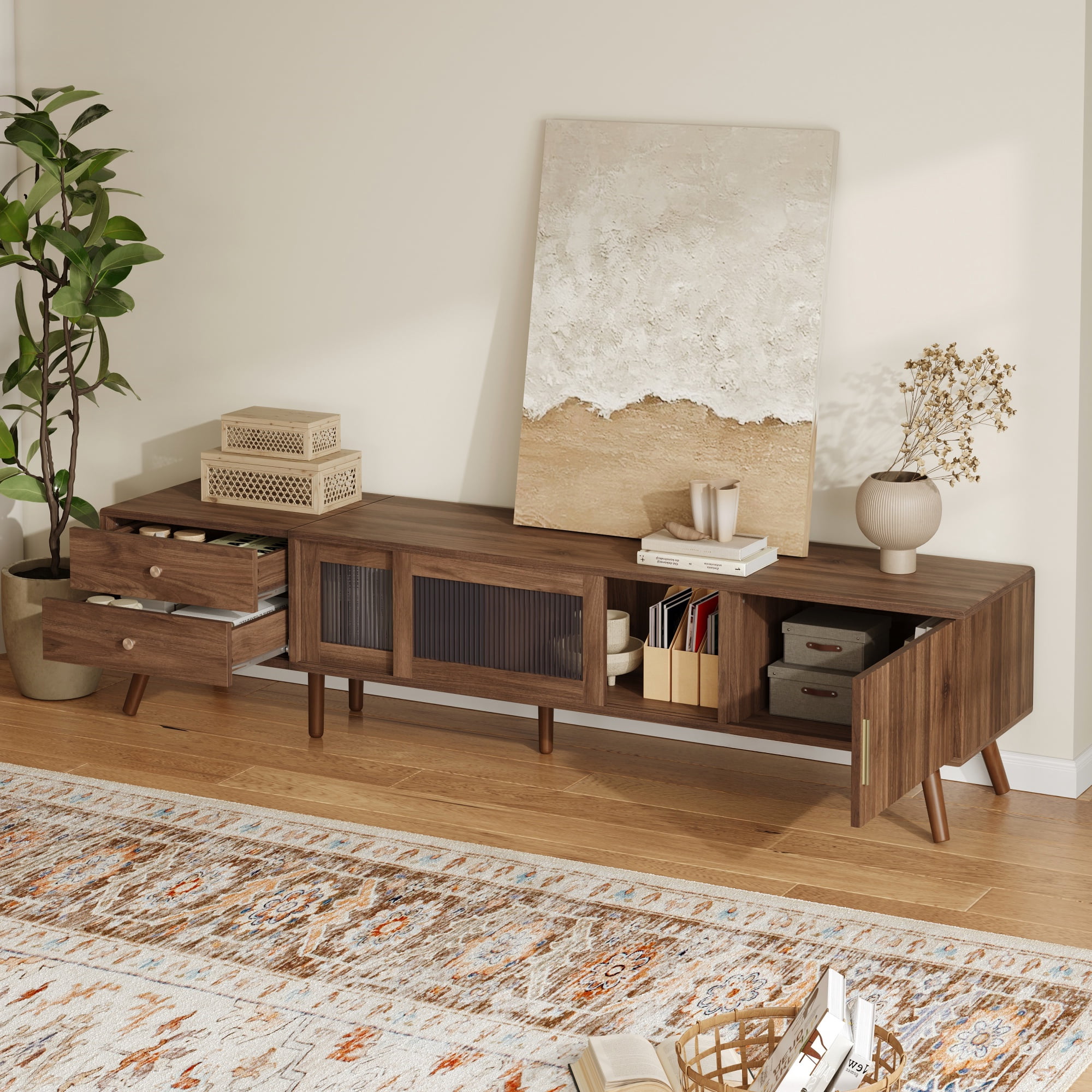 TV Stand for TVs up to 85 Inch, Entertainment Center with Waveform Glass Doors & 2 Drawers, Media Console with Solid Wood Legs for Living Room