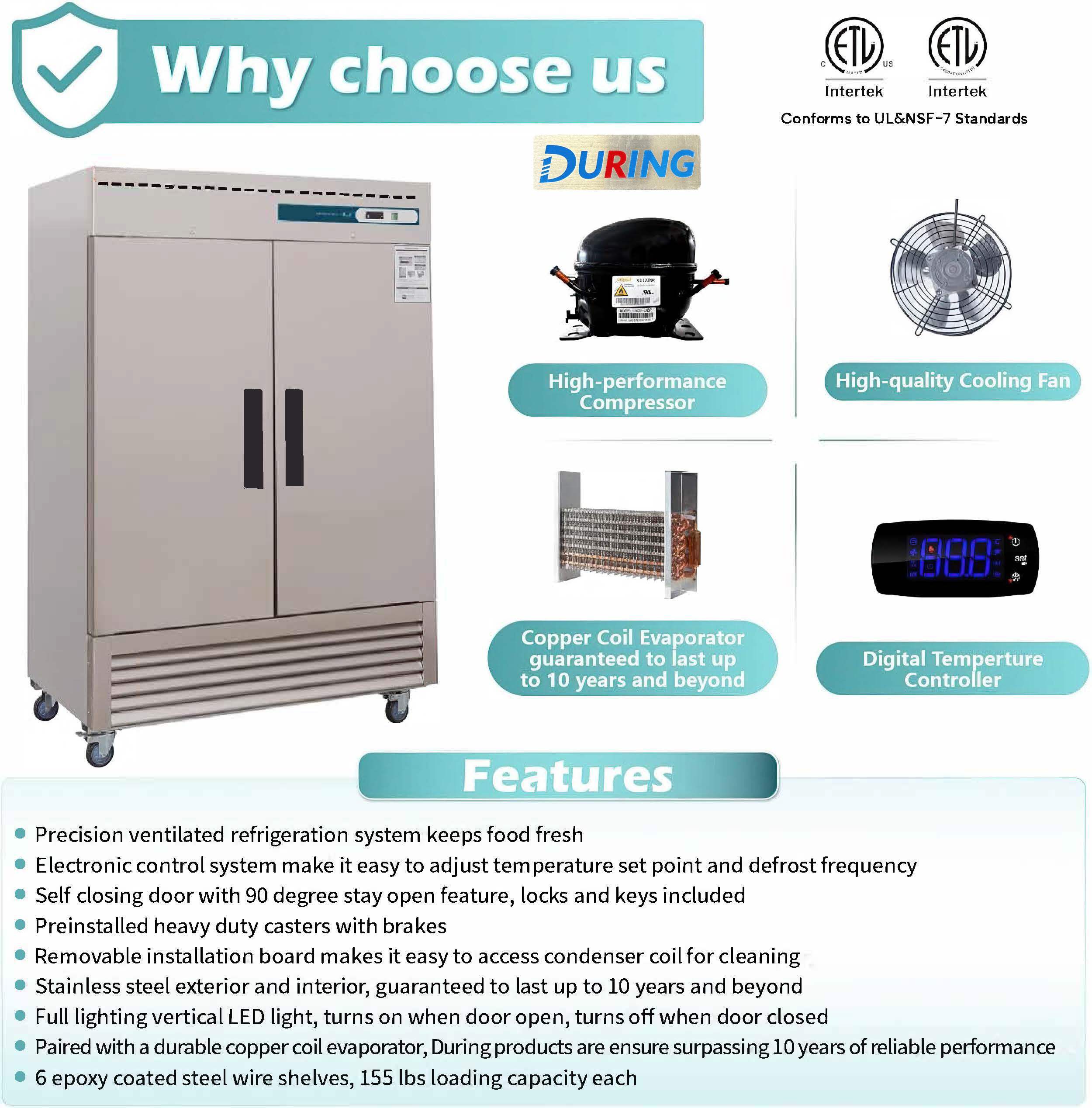 DURING D-KF-54B 54"W 2-Door Solid Commercial Reach-in Freezer, 49 Cu.ft for Restaurant, Bar, Shop