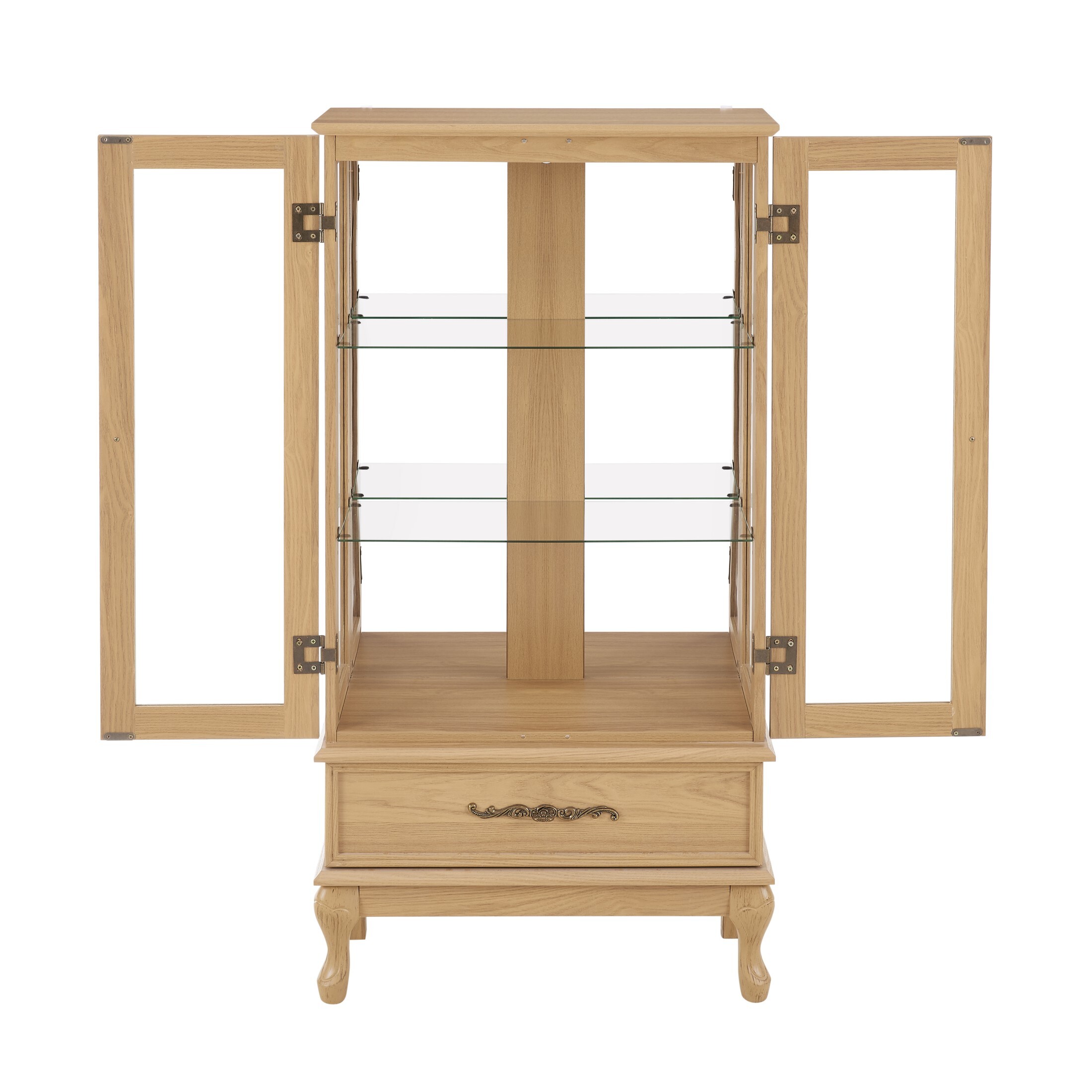 AENKYO Lighted Glass Display Cabinet, Stylish Glass Curio Cabinet with Adjustable Glass Shelves, Light Oak