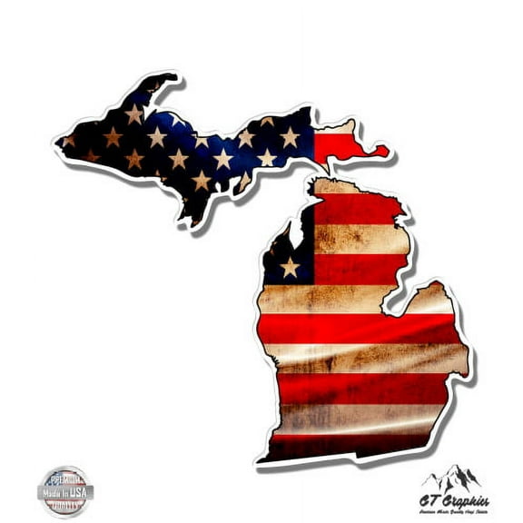 Michigan State Shape American Flag - 3" Vinyl Sticker - For Car Laptop I-Pad Phone Helmet Hard Hat - Waterproof Decal