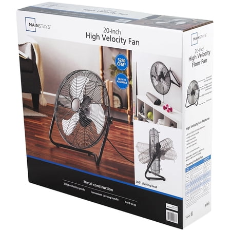 MAINSTAYS 20″ 3-SPEED HIGH VELOCITY TILTABLE BLACK STEEL FLOOR FAN