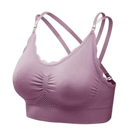 Sports Bras for Women Criss-Cross Back Padded Strappy Lace Trim Bralette Wirefree Padded Yoga Bra Active Bra Crop Workout Tank Tops(Purple M)