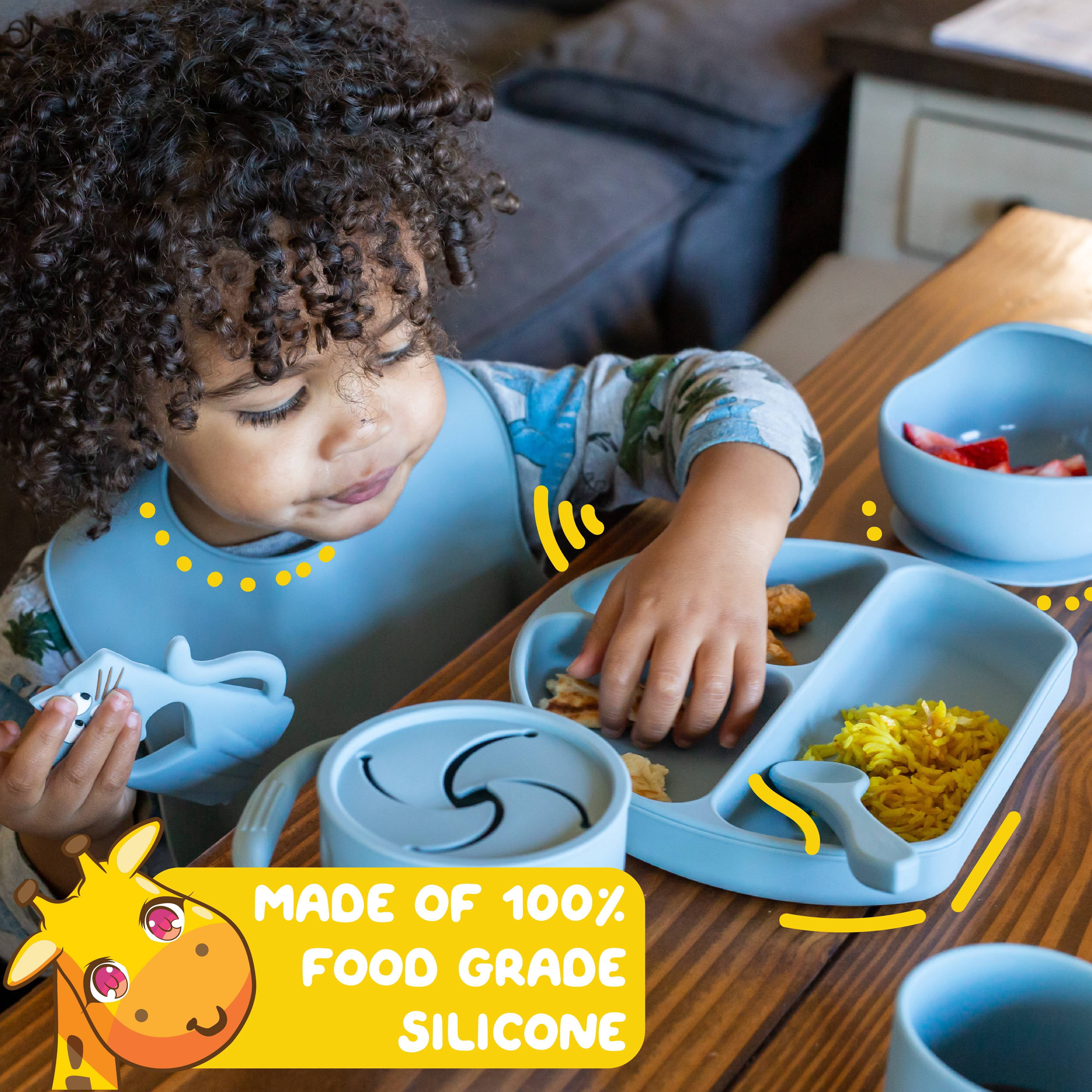 Muqee Peeko Carolina Blue Silicone Baby and Toddler Self-Eating food Plates Set with Utensils (8 Piece Set)