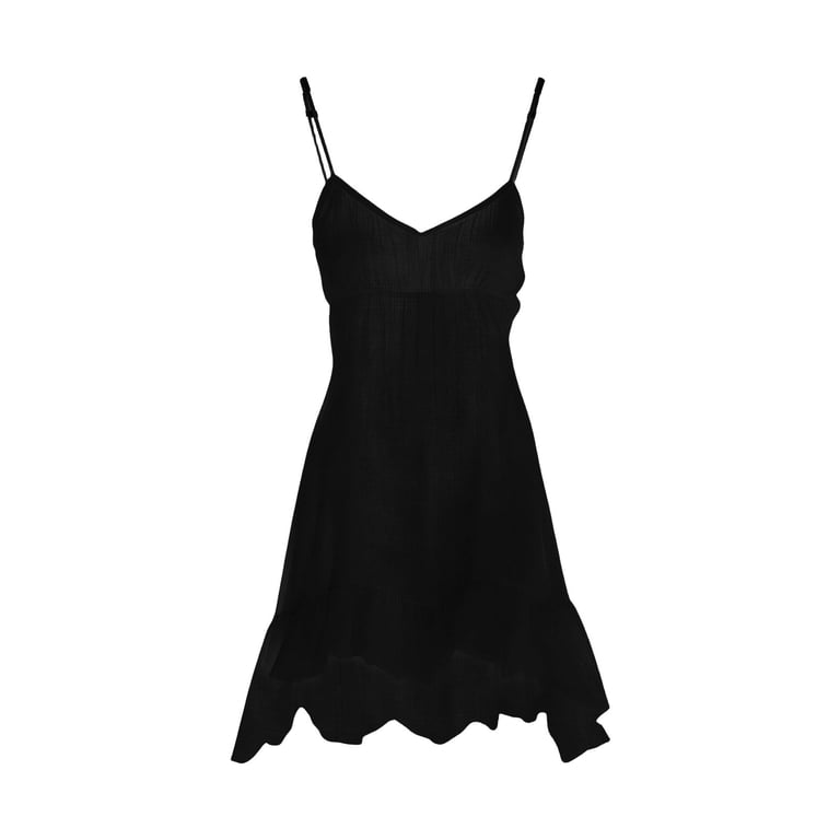 backless knee length dress Hinvhai Women's Solid Color Backless Cami Dress Knee Length Backless House Dress Cotton Linen Summer Spaghetti Strap Sundresses Black, Size: 2XL
