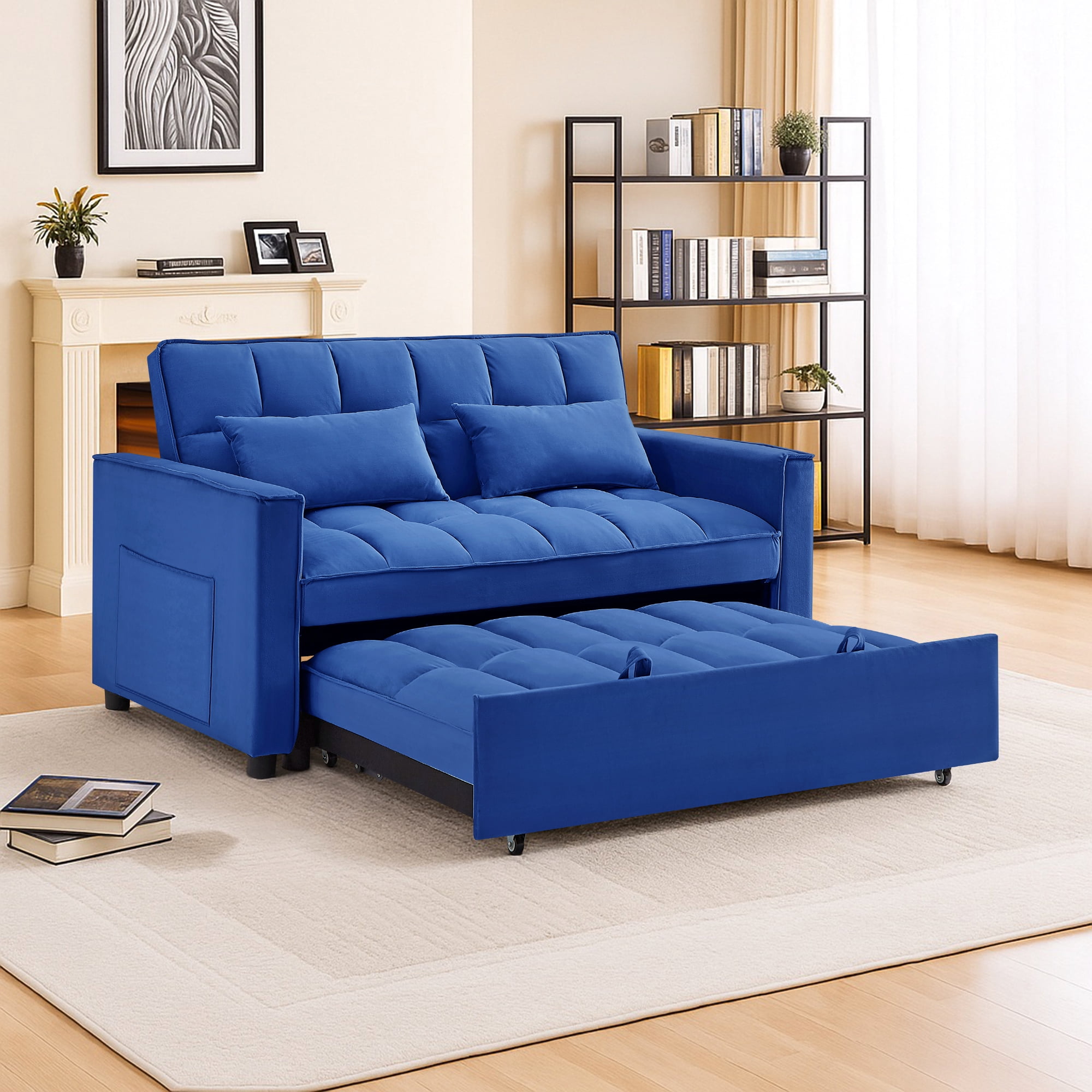 Hommoo Versatile Velvet Loveseats Reversible Pull Out Futon Couch,3 in 1 Sleeper Sofa Bed for Living Room, Blue