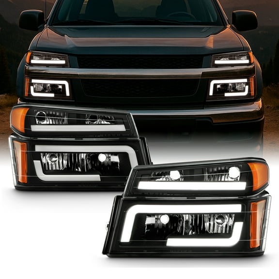 AKKON - Fits 2004-2012 Chevy Colorado / GMC Canyon 06-08 Isuzu i-Series [LED Tube Parking] Black Headlights Headlamp Pair LH RH