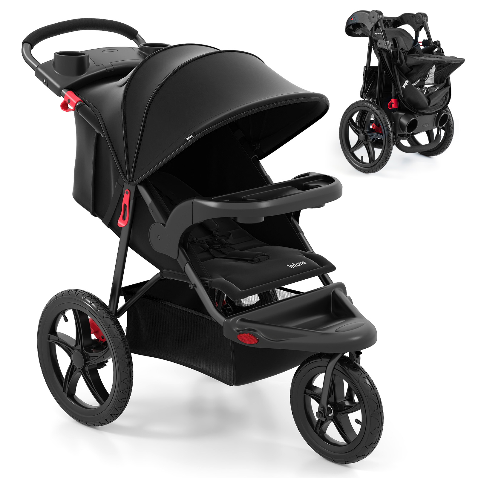 INFANS Jogging Stroller, Jogger Travel System with Shock Absorbing Suspension Dining Plate Cup Holder Adjustable Backrest, Lightweight Baby Strollers for Newborn
