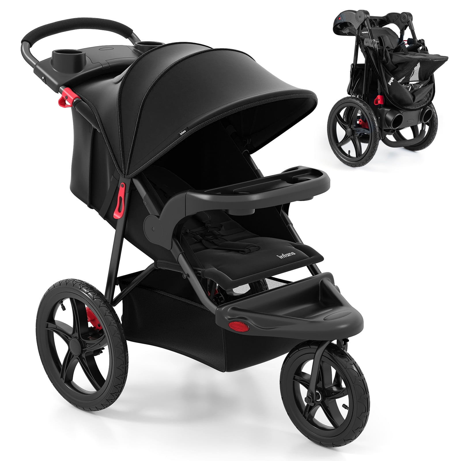 INFANS Jogging Stroller, Jogger Travel System with Shock Absorbing Suspension Dining Plate Cup Holder Adjustable Backrest, Lightweight Baby Strollers for Newborn