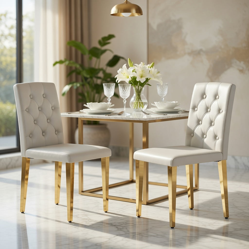 Hommoo 4-Pack PU Leather Dining Chairs with Ergonomic Buckle Backrest & Metal Legs, 35 in Tall, Commercial-Grade for Restaurants, Banquet Halls & Modern Homes, Light Gray & Gold