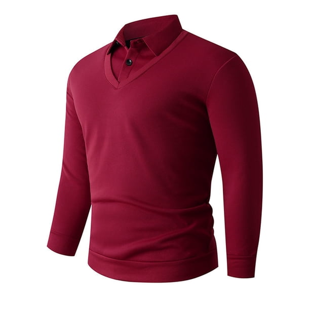 Blusa y camisa de manga larga con cuello vuelto para hombre, color liso, informal, elástica, deportiva, con botones, blusa de manga larga con cuello vuelto para hombre, tops de poliéster para hombre