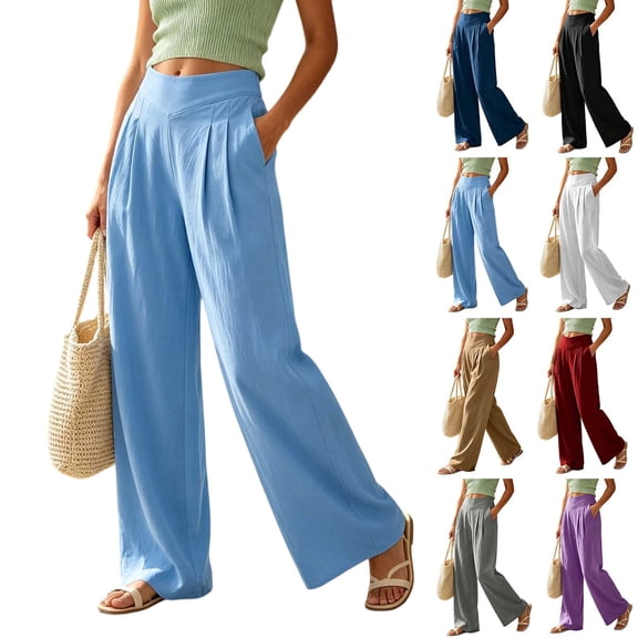 Women's Pants Dqueduo Women's Casual Solid Color Pleated Elastic Waist Pocketed Linen-Look Straight Leg Pants, 8 Colors Light Blue XL