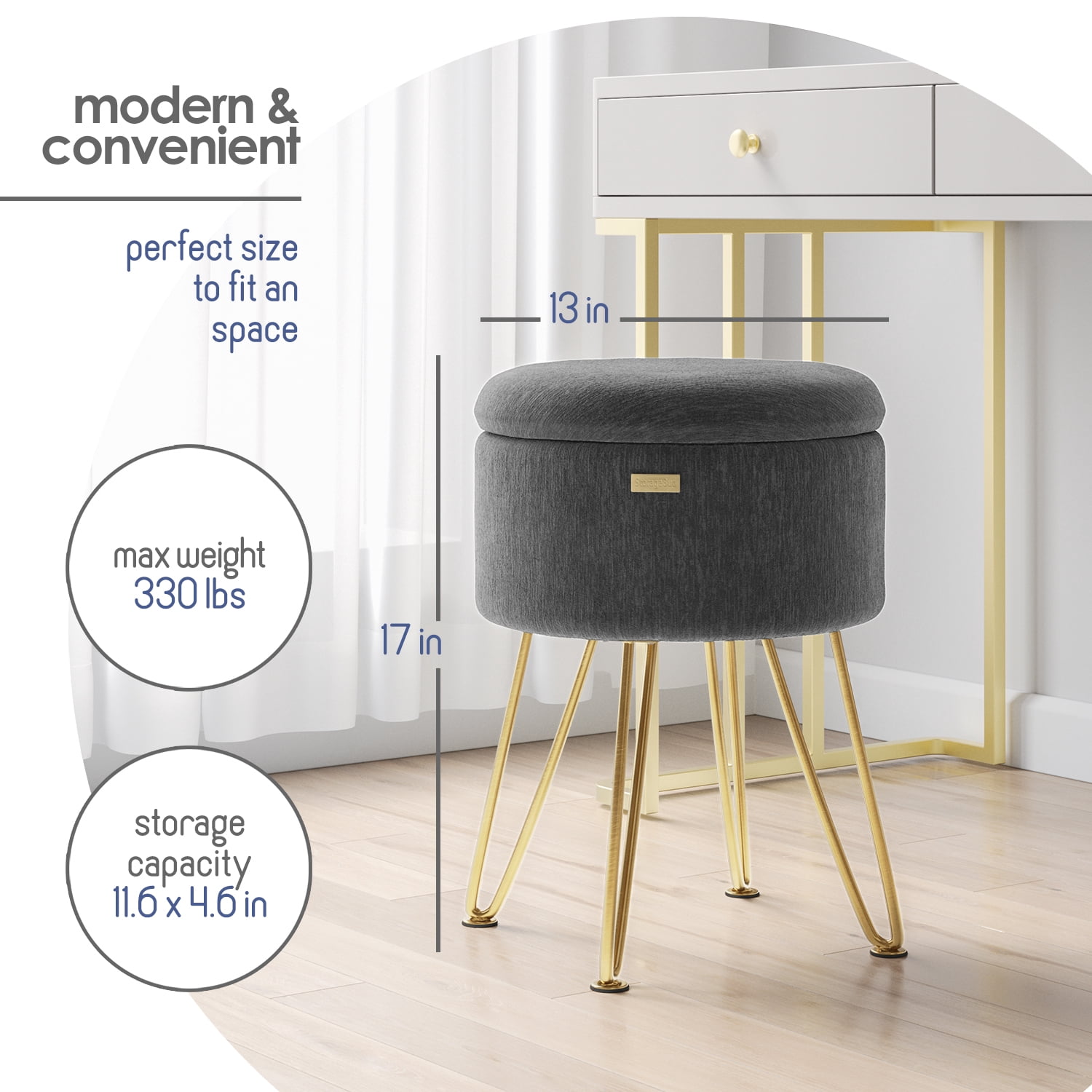 LammaLoe Small Round Ottoman with Storage, Textured Velvet Ottoman Foot Stool with Lid, Upholstered Vanity Stool for Living Room & Bedroom, Gray