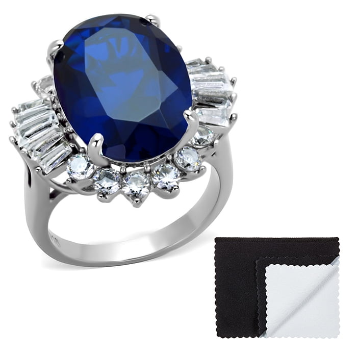 The Bling Factory Stainless Steel IP Gold Plated London Blue Spinel Cubic Zirconia Cocktail Ring