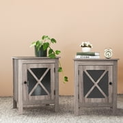 Kepooman Set of 2 Wooden Storage Cabinet with X-Design Glass Door, Farmhouse Nightstand Side End Table for Bedroom