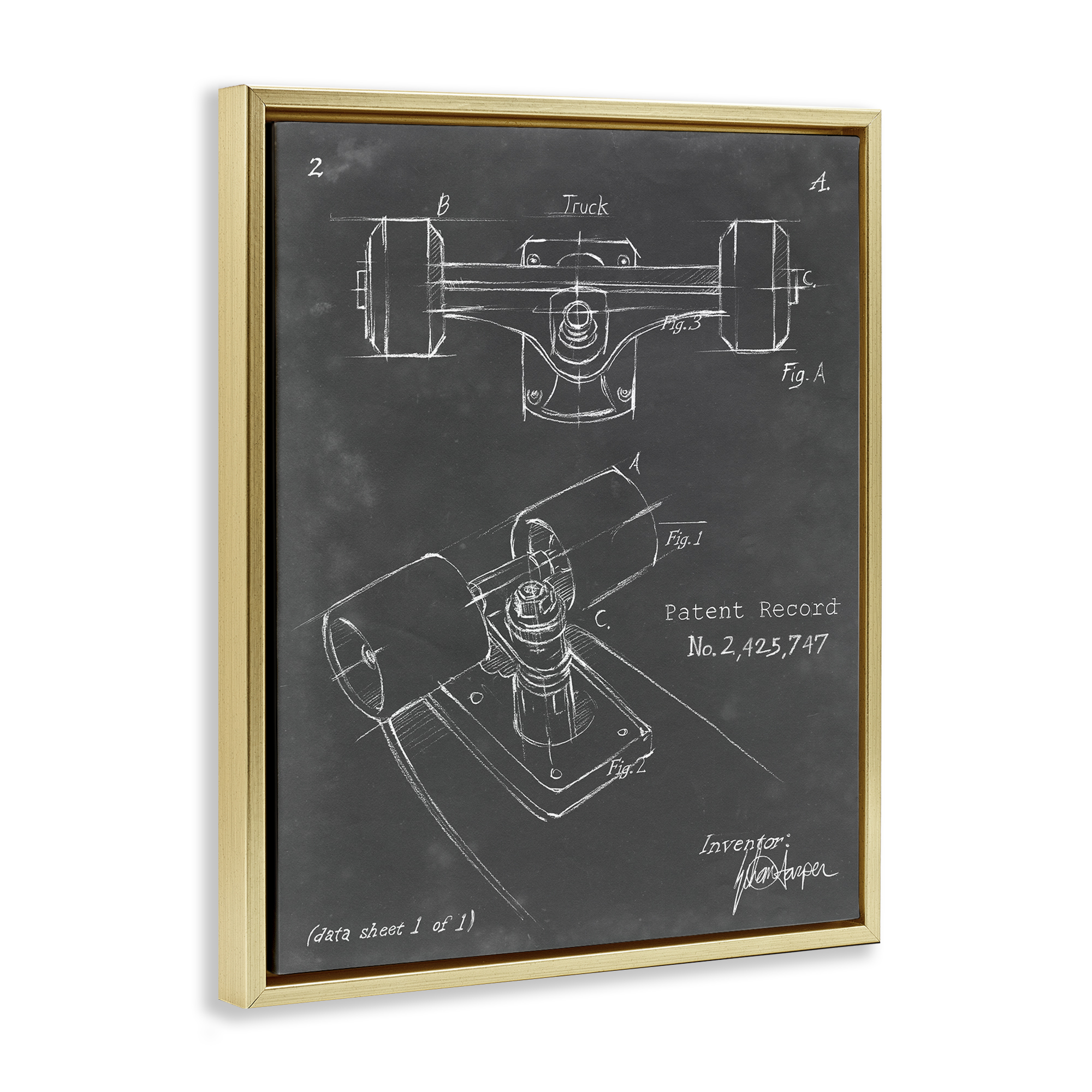 Stupell Industries Skateboard Truck Blueprint Sports Painting Gold Floater Framed Art Print Wall Art, 25 x 31
