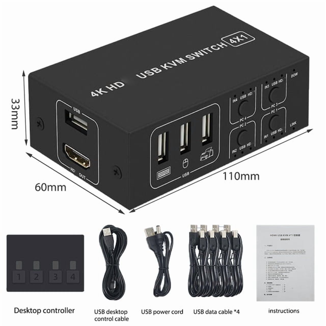 4 Port HDMI KVM Switch 4K@30HZ/1080P@60HZ USB HDMI KVM Switcher 4 in 1 Out USB HDMI for Mouse Keyboard Hub for PC Laptop Win7 Win10 Win11 MAC