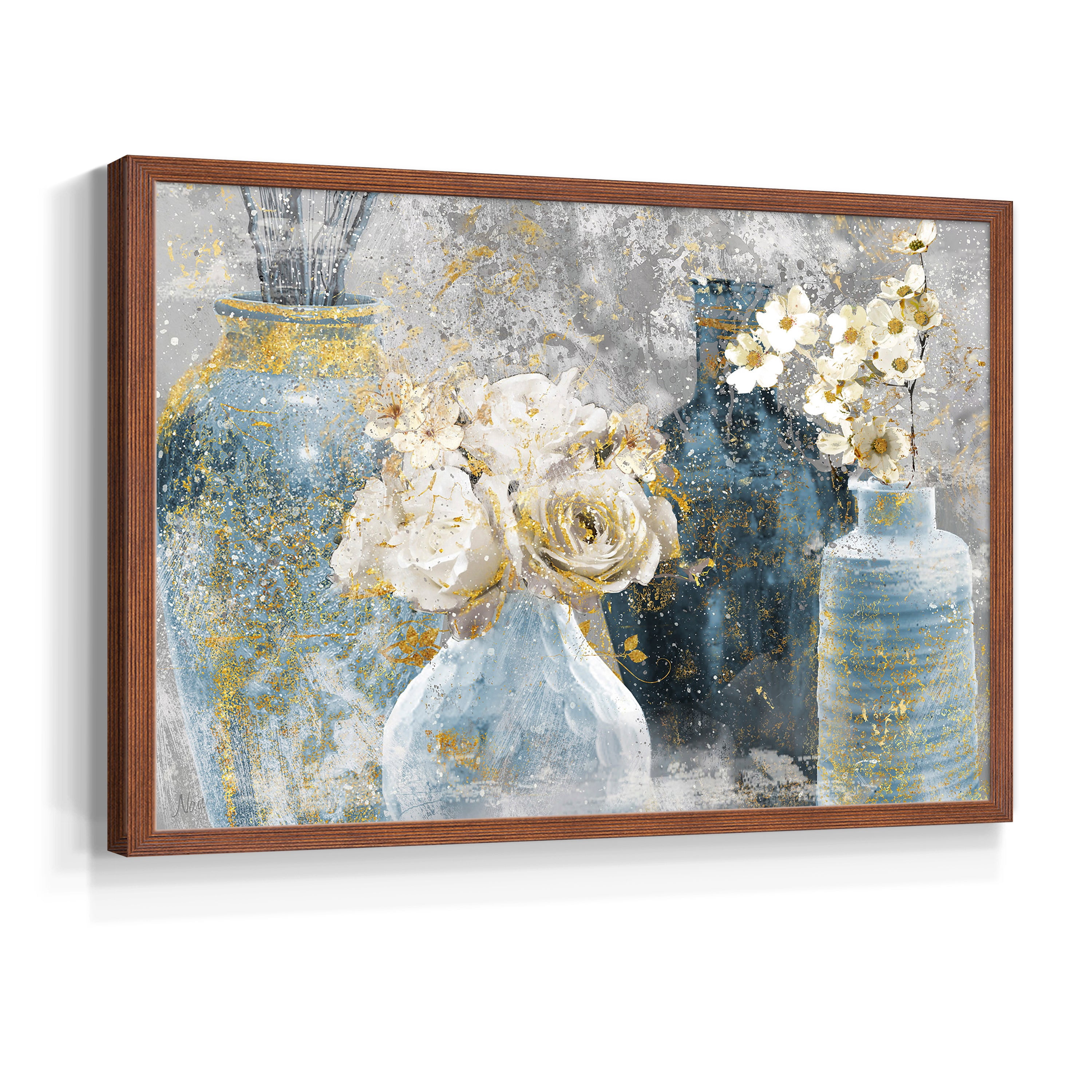 Vessels and Blooms Blues by Nan - Restickable Framed Giclée Print