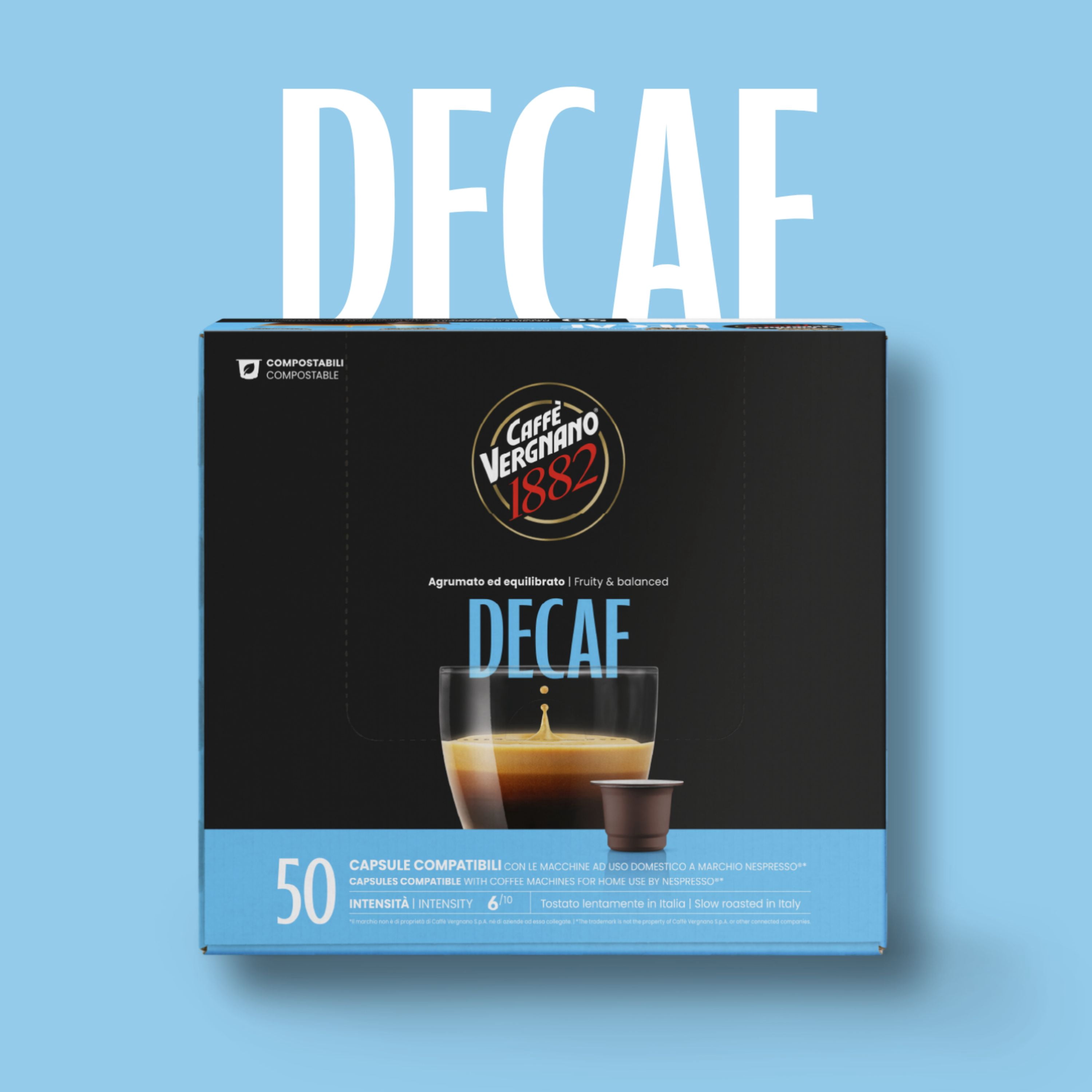 Caffe' Vergnano 1882 Decaf Medium Roast Espresso Original Line Machine Compatible Capsules, Arabica Robusta Espresso Coffee, Italian Coffee for Nespresso Machines, Intensity 5/10, Decaffeinato, 50 Ct
