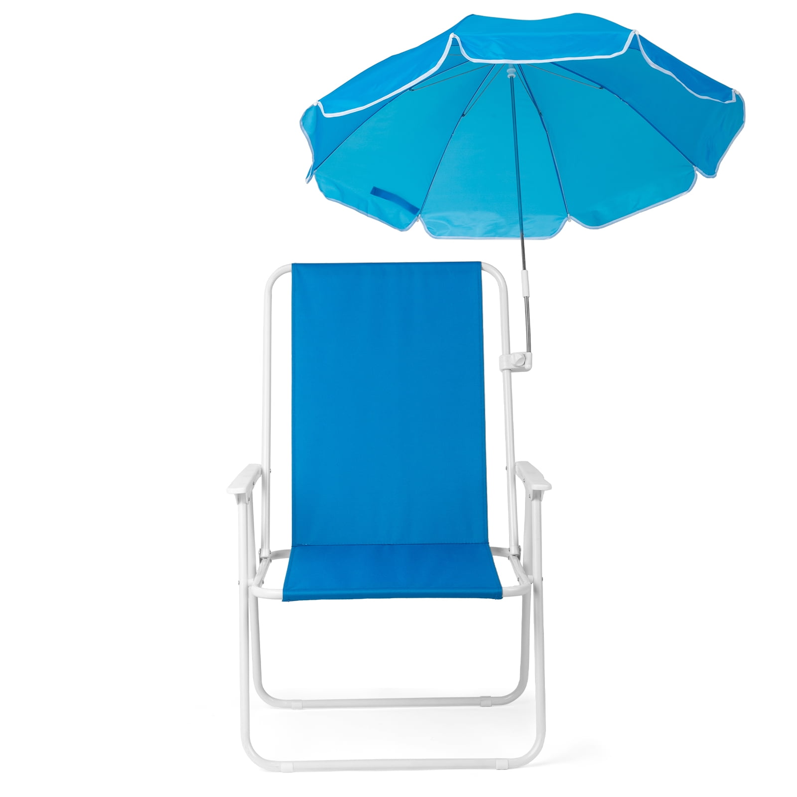 Folding Beach Chair with Detachable UV Umbrella, High Back Outdoor Lounge Chair with Armrest, Iron Frame Supports 265lbs, Lightweight Portable Foldable Chair for Beach Park Camping Concert