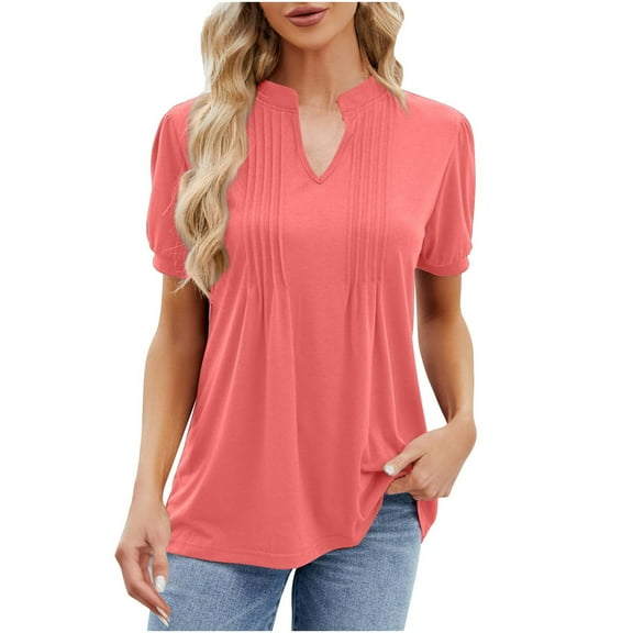 BLVB Women's Summer Tunic Tops V Neck Pleated Short Sleeve T-Shirts Casual Solid Color Going out Dressy Blouses Tee