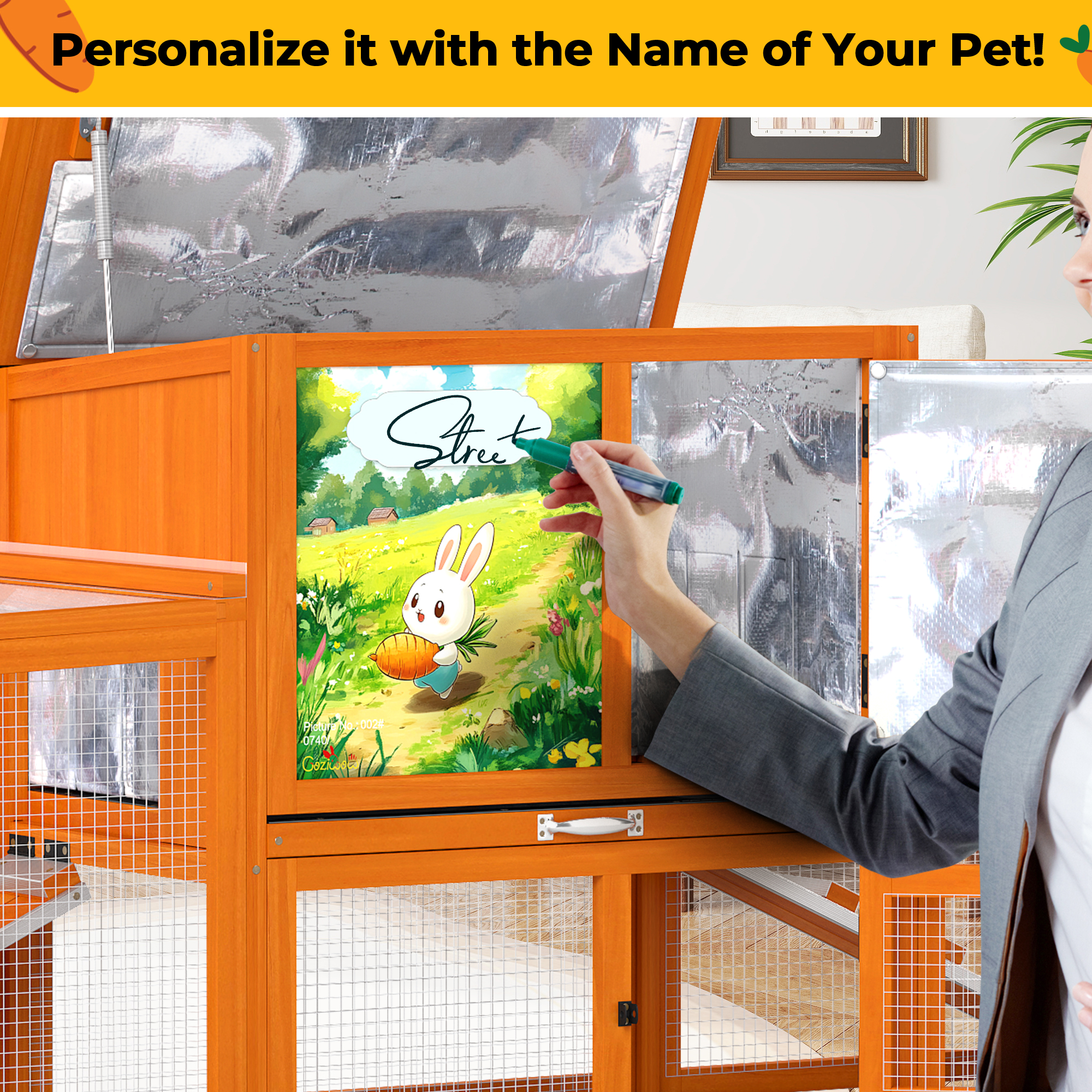 Insulated Outdoor Wood Rabbit Hutch, Weatherproof Large Bunny Cage with Runs Orange with Colorful Patterns