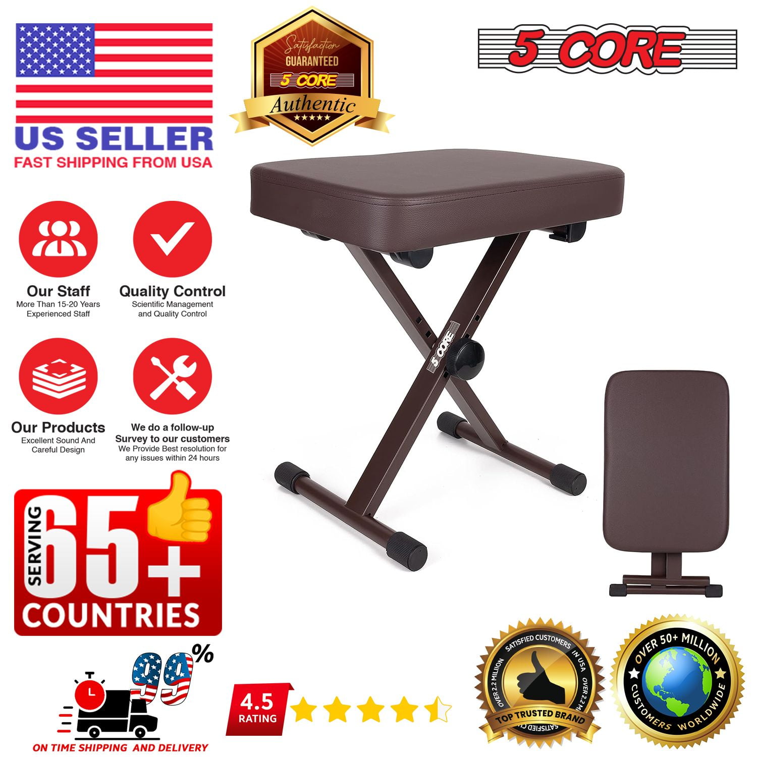 Keyboard Bench 3 Inch Padded Cushioned Piano Stool Height Adjustable Guitar Seat Heavy Duty Folding Portable Musician Chair W Nonslip Rubber Feet Brown - KBB BR HD