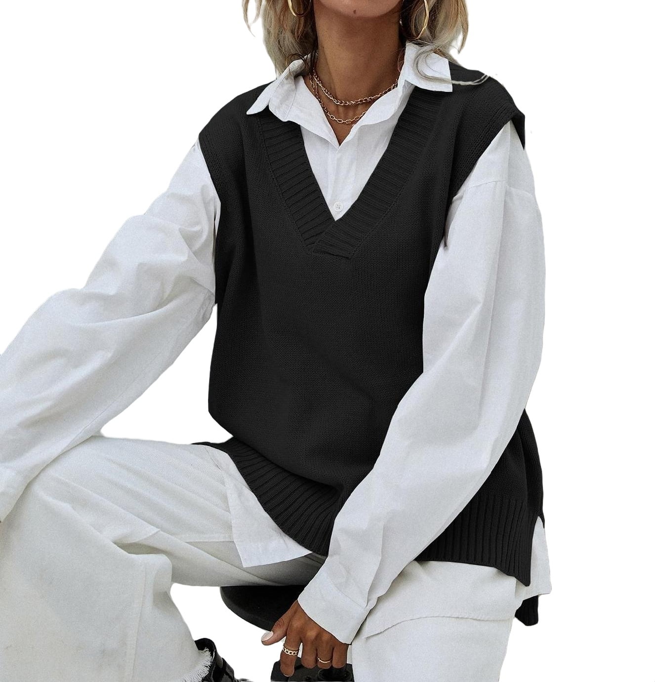 Womens Sweater Vests Casual Plain V neck Black XXL - Walmart.com