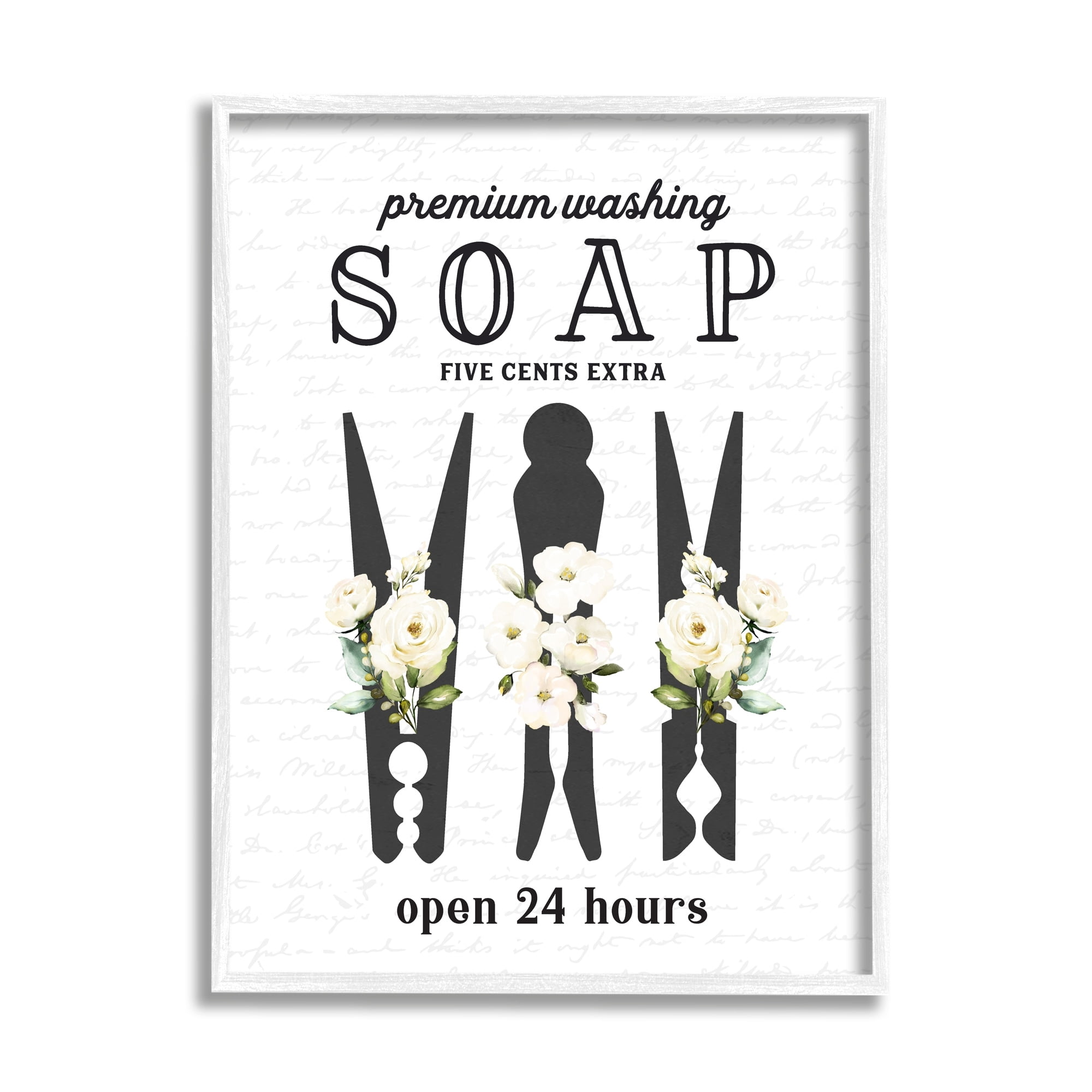 Stupell Industries Floral Clothespin Silhouettes Laundry Room Script Sign Graphic Art White Framed Art Print Wall Art, Design by Lettered and Lined