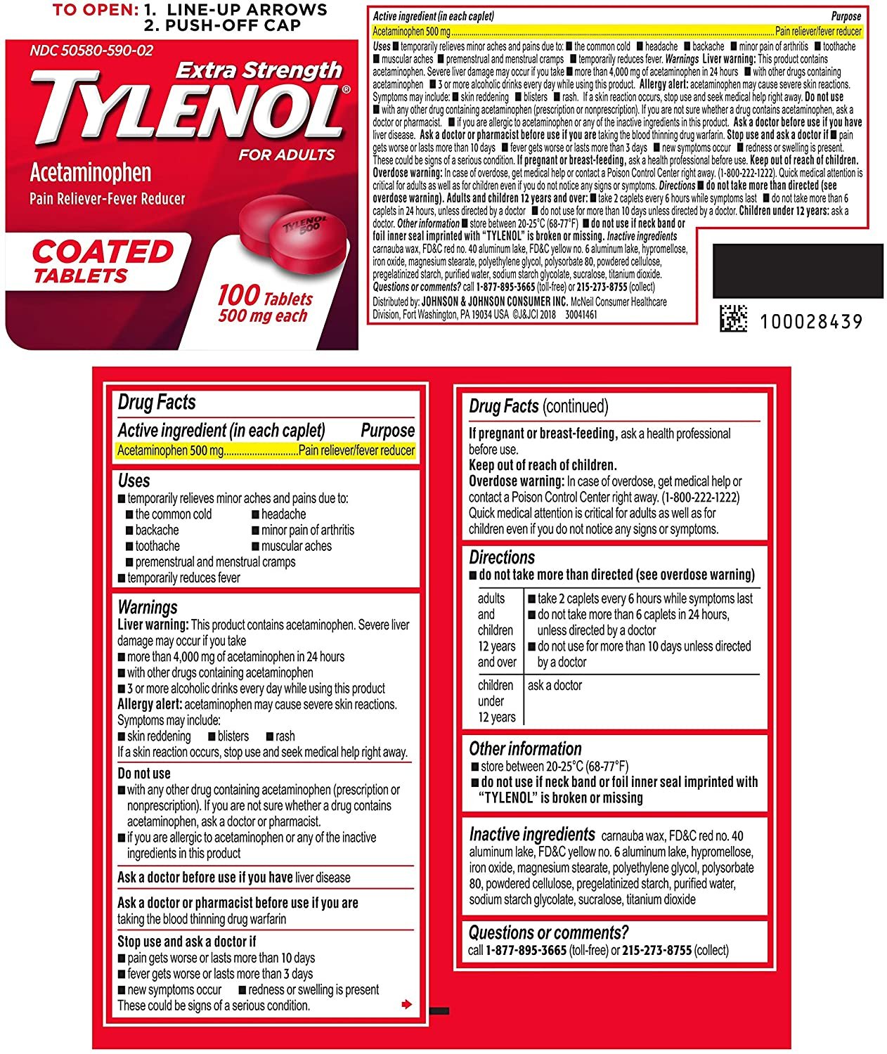 TYLENOL Extra Strength Acetaminophen Adult Pain Relief & Fever Reducer Coated Tablets, 100 ea (Pack of 2)