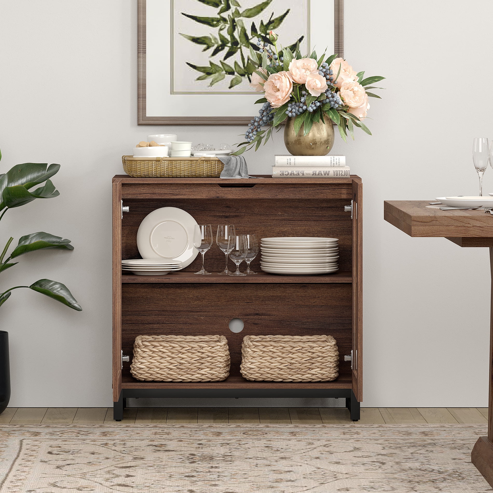 WAMPAT Sideboard Buffet Cabinets with Glass Doors, Modern Sideboard Credenza with Adjustable Shelf, Coffee Bar Storage Cabinet for Living Room, Kitchen, Brown