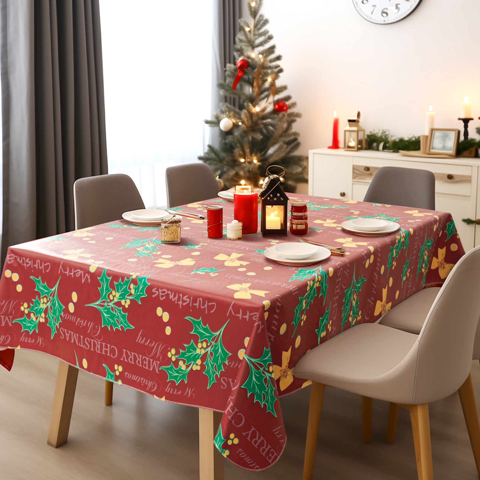 RAY STAR Large Christmas Tablecloth 60x120 inch Flannel Backing 100% Waterproof & Heavy Plastic Table Cover for Dining, Party Dec.