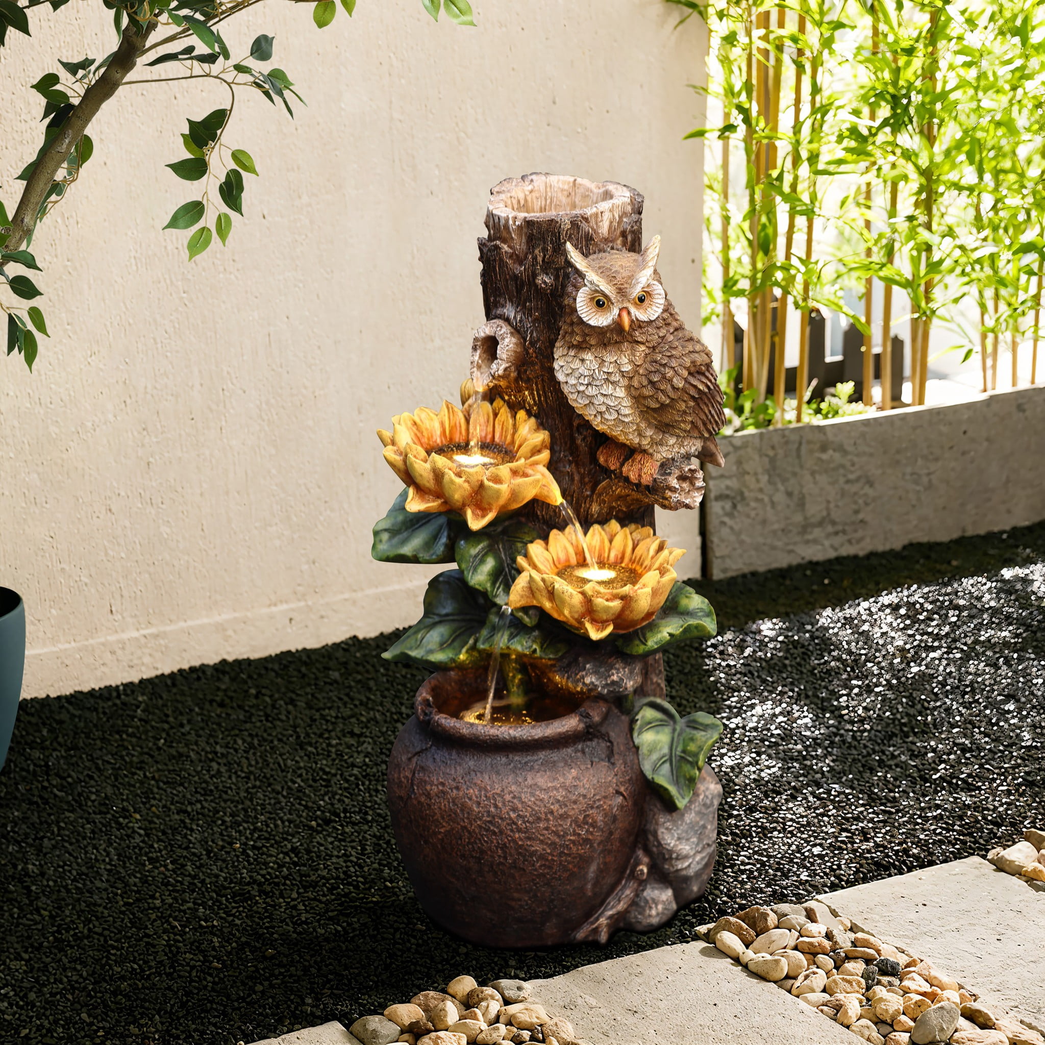 LuxenHome Sunflower and Owl 2.3-Feet Tall Outdoor Polyresin Fountain with Lights