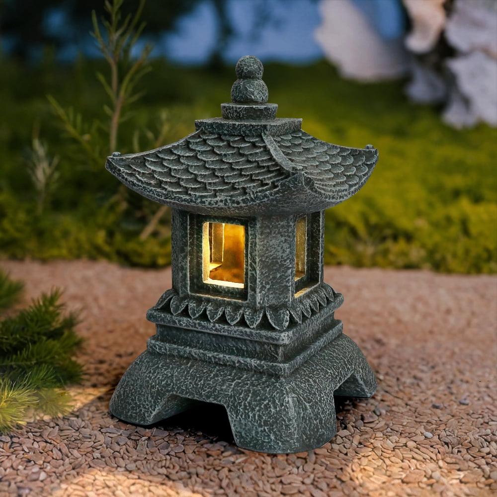 12 Inch Solar Japanese Pagoda Lamp Statue, Zen Asian Style Outdoor Garden Ornament, Art Decor Figurine for Balcony Patio Porch Yard Landscape