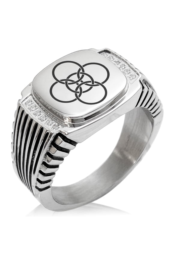 Stainless Steel Celtic Five Fold Fifth Elements CZ Ribbed Needle Stripe Pattern Biker Style Polished Ring