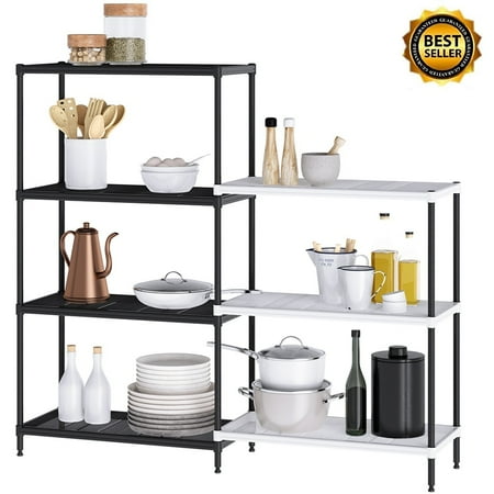 Shelving Systems Garage - Rackaphile Wire 2-Section Shelving Unit Adjustable Metal Utility Storage Rack System Organizer for Bathroom Garage Kitchen Pantry Office Dorm Room, (4 + 3 Shelves, Black and White)