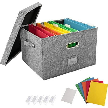 File Box with 5 Hanging Filing Folders, Document Organizer Storage for Office, Collapsible Linen Storage Box with Lids, Home Portable Storage with Handle, Letter Size Legal Folder School Supplies
