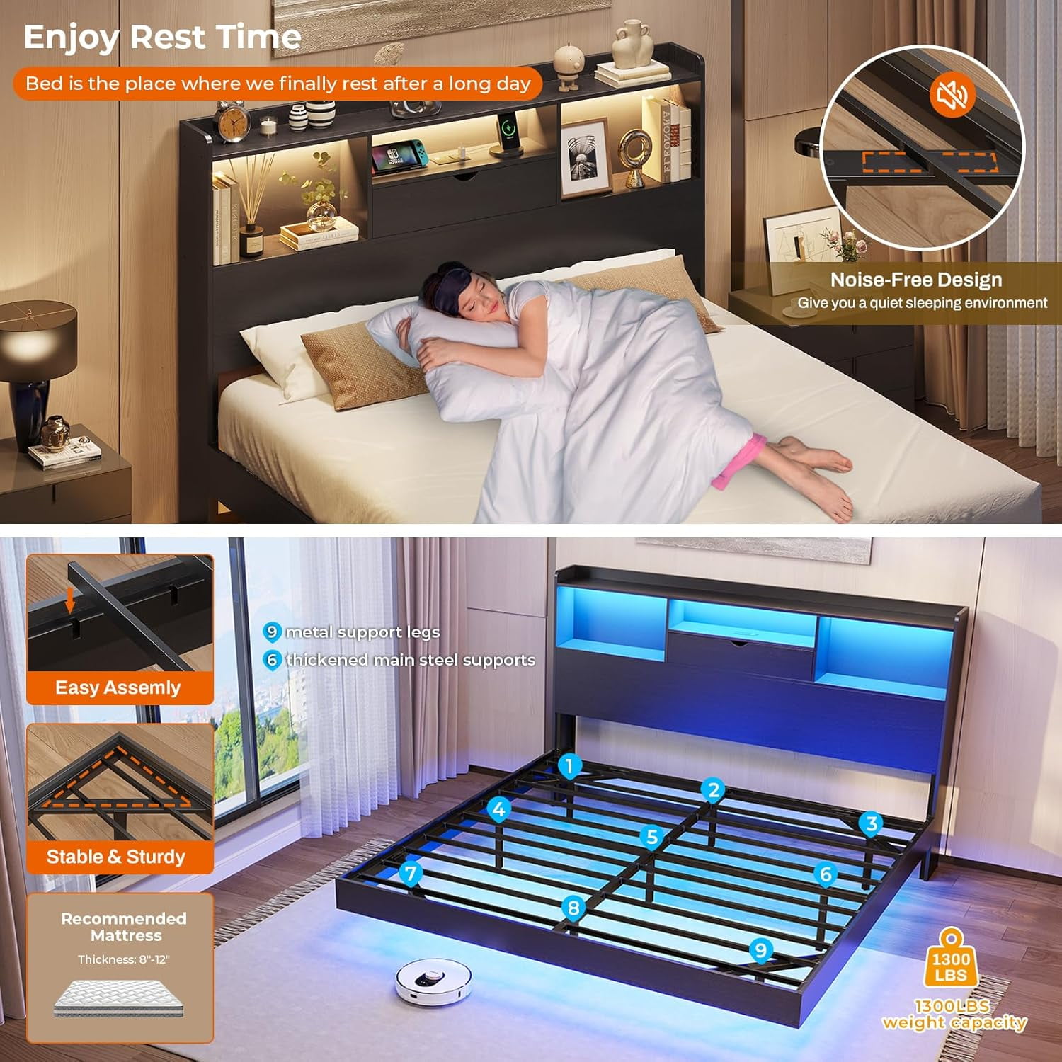Floating Bed Frame California King Size with Storage Headboard California King Metal Platform Bed with LED Lights & Charging Station, No Box Spring Need, Black