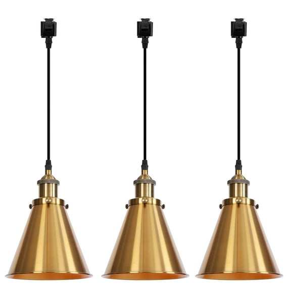 Kiven J-Type Track Lighting, 3-Light Modern Juno Track Pendant Light with Metal Lampshade, J Track Light Pedant for Kitchen Island Home Shop, Cord length 39.4",Brass Finish