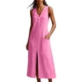 thumbnail image 4 of Vhkiploz Summer Long Linen Tank Dress For Women'S Sleeveless V-Neck Half-Button Front Split A-Line Dress With Buttons Solid Color Outwear Beach Tunic Dress With Pockets, 4 of 8