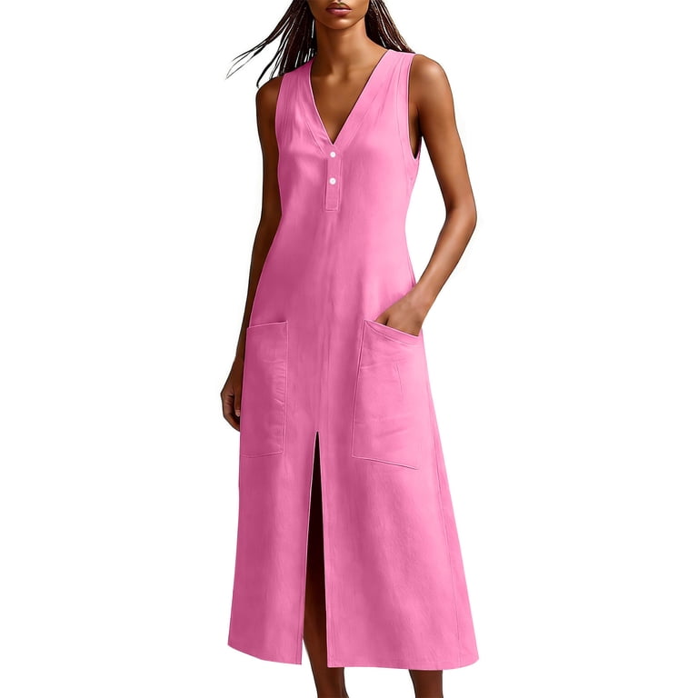 YestheTOYS Hot Pink Sleeveless for Juniors Summer Fall V Neck Faux Linen Mini Petite Long Casual Plain Dresses Women 2026 Clothing Country Concert L
