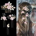 thumbnail image 3 of 7 PCS Bridal Flower Wedding Hair Clips Crystal Pearl Hair Pins Headpiece Side Bridal Comb Gold Wedding Hair Accessories Jewelry for Brides Bridesmaids Women Girls Updo(Pink), 3 of 4