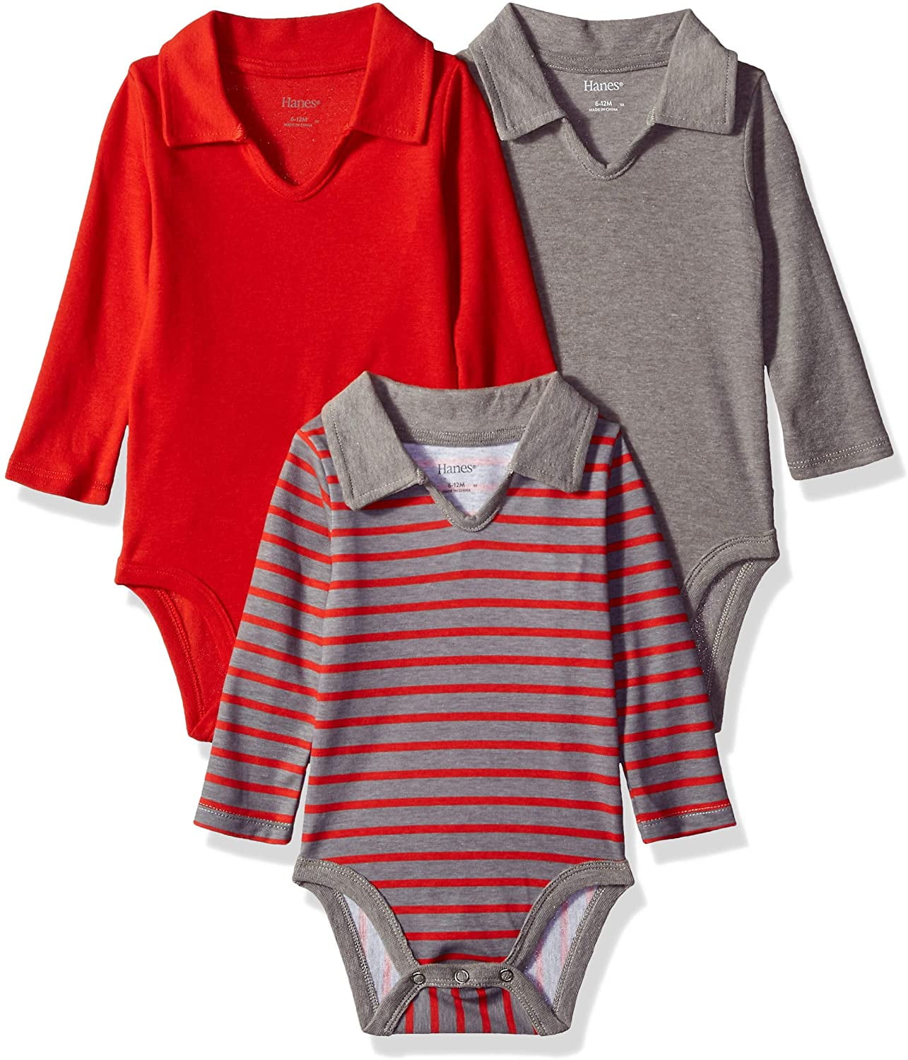 Hanes Ultimate Baby Flexy 3 Pack Long Sleeve Polo Bodysuits 