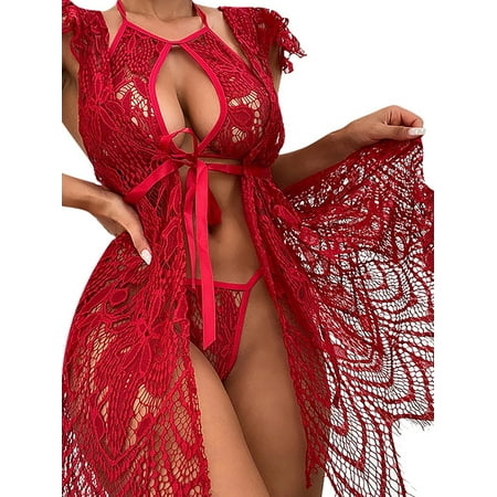 Enwejyy Women s Lingeries Underwear 3Pcs Outfits Sexy Sheer Honeymoon Christmas Babydoll Nightdress
