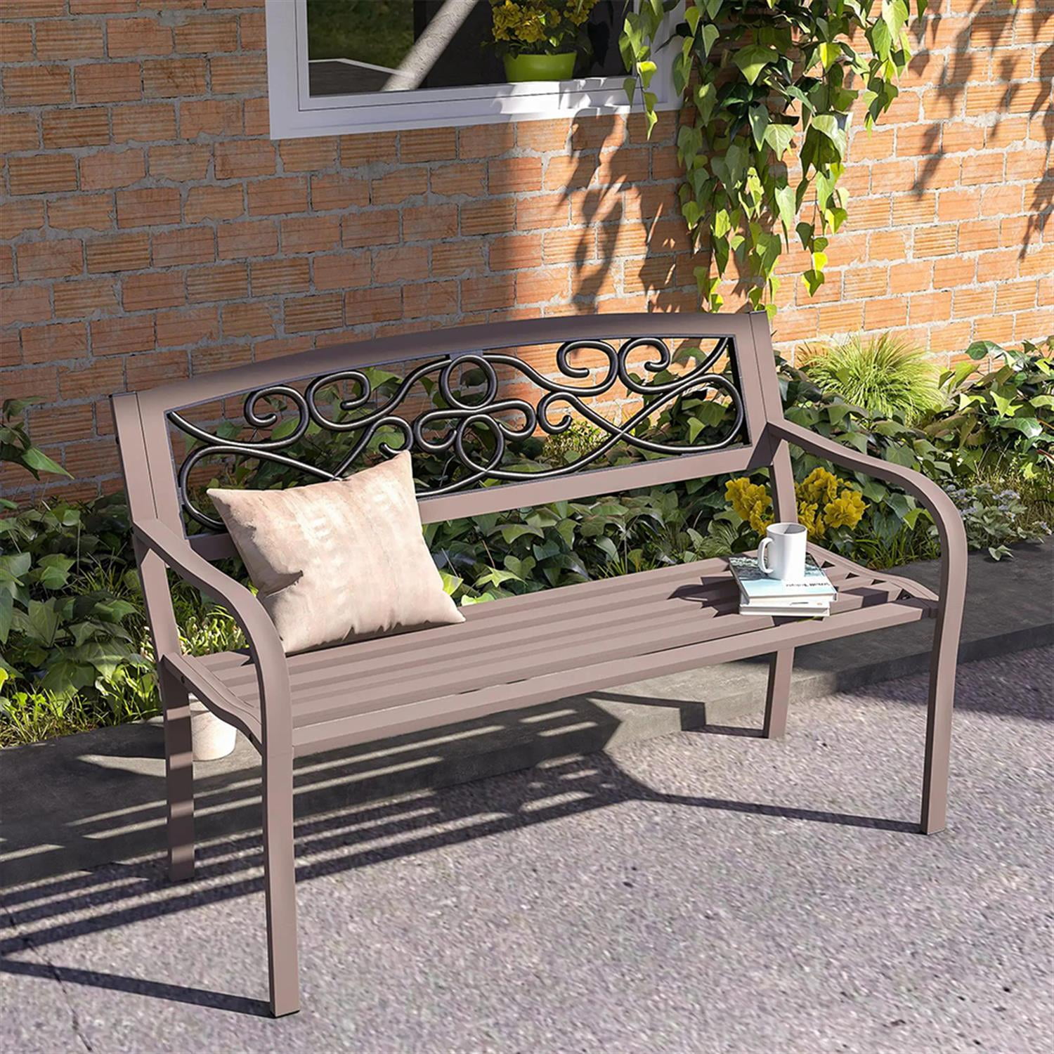 Demi Bonn Patio Garden Bench Metal Park Bench, Outdoor Benches Furniture with Floral Pattern Backrest & Slatted Seat for Patio, Park, Lawn, Yard, Brown