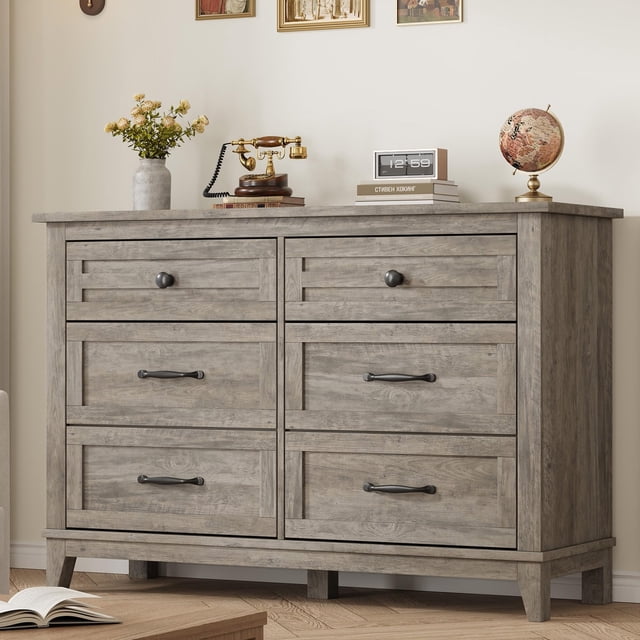 Solution de Rangement Spacieuse Commode à 6 Tiroirs pour Chambre – Grand Coffre en Bois Gris Classique, Armoire de Rangement Autoportante Style Ferme pour Garde-Robe, Chambre de Bébé, Salon, Entrée – Couleur : Gris Classique