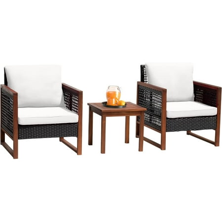 Patio Furniture 3-Piece Acacia Wood Patio Bistro Set Outdoor Chat Conversation Table Chair Set with Water Resistant Cushions and Coffee Table for Beach Backyard Garden Khaki Cushion