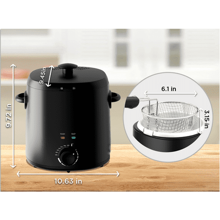 Mainstays 2 Qt Round Deep Fryer, Black, Detachable Basket, Adjustable Thermostat, Cool Touch Handle