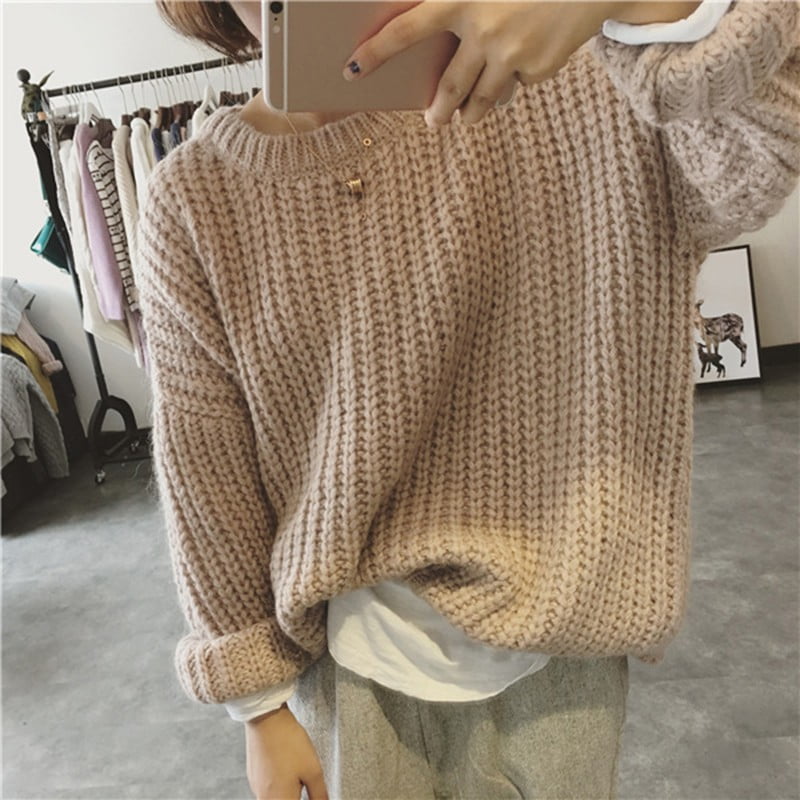 Womens Crew Neck Chunky Long Sleeve Warm Jumper Sweater Cable Knitted 