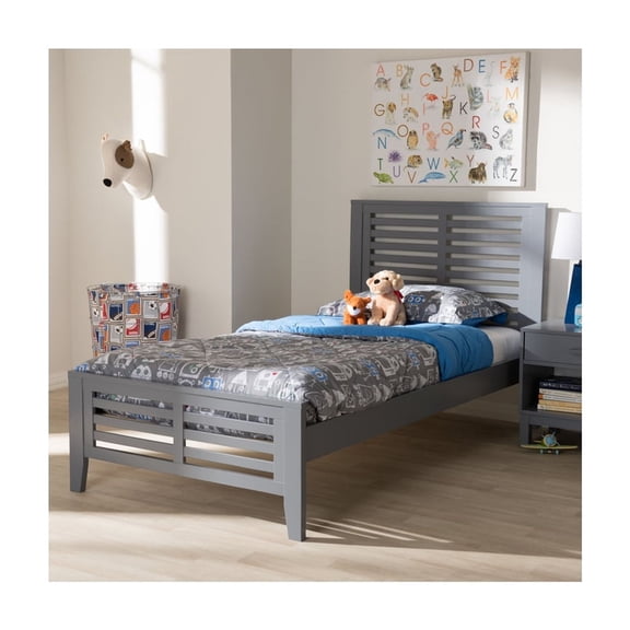Modern Twin Platform Bed - Grey Wood Finish, Slatted Headboard - Style